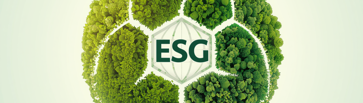 Grüner Kreislauf aus Pflanzenstrukturen um ein Globussymbol mit der Aufschrift „ESG“.