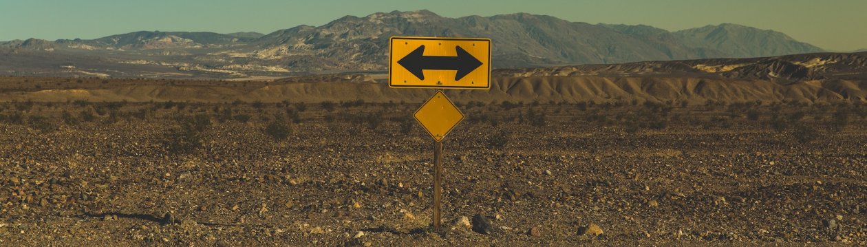 Road signs with directional arrows in a desert.