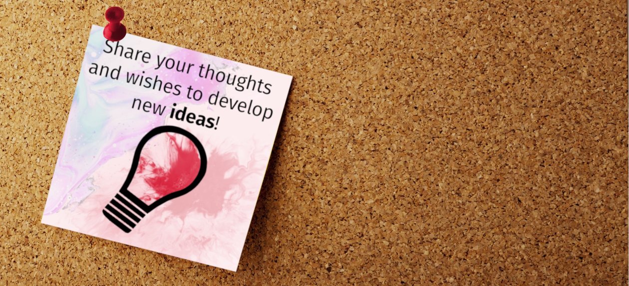 Eine Glühbirne und eine Aufforderung, seine Ideen und Wünsche zu teilen, auf einem Post-it welches an eine Korkpinnwand geheftet ist. Eine Glühbirne und eine Aufforderung, seine Ideen und Wünsche zu teilen, auf einem Post-it welches an eine Korkpinnwand geheftet ist.