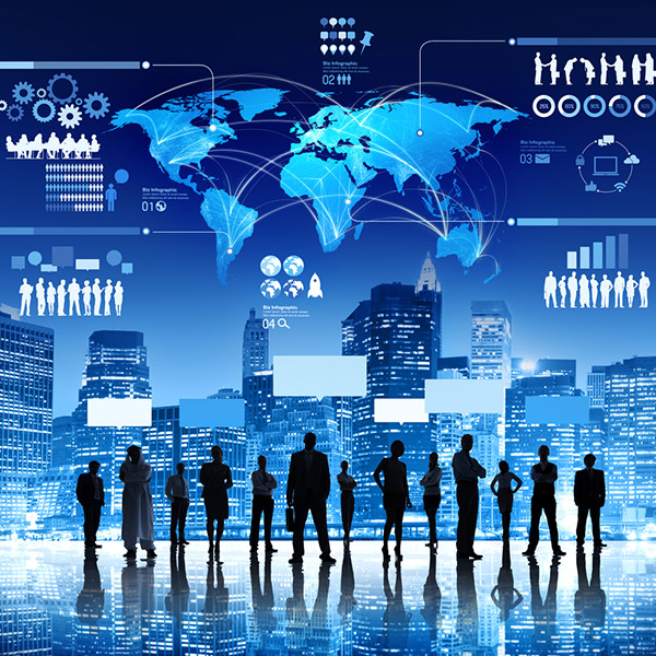 Vor einem Hintergrund mit digitalen Symbolen steht eine Gruppe von Menschen. Man erkennt nur deren Schatten. Vor einem Hintergrund mit digitalen Symbolen steht eine Gruppe von Menschen. Man erkennt nur deren Schatten.