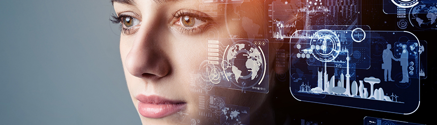 Head of a woman with symbols representing the digital world next to her face.