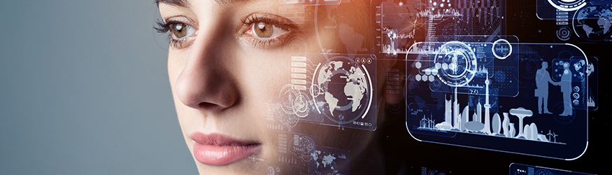 Head of a woman with symbols representing the digital world next to her face. Head of a woman with symbols representing the digital world next to her face.