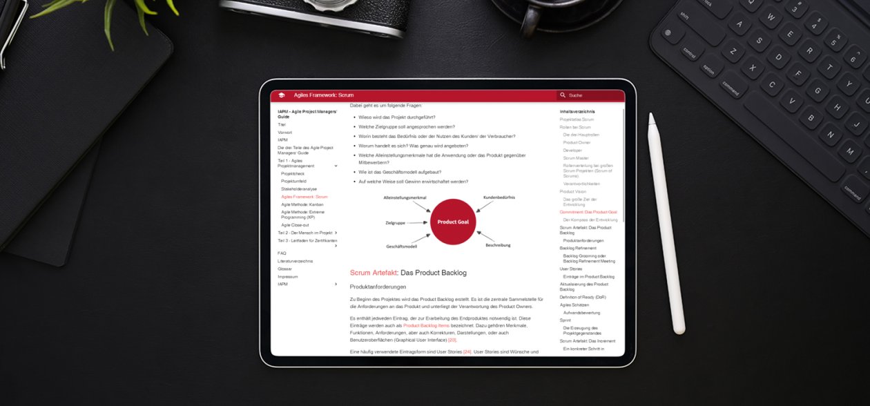 The Agile Project Managers' Guide (IAPM) website displayed on a tablet.