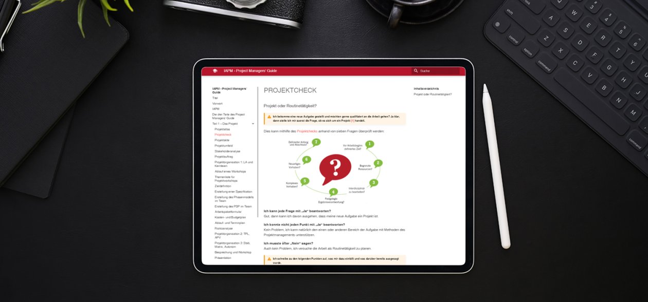The Project Managers' Guide (IAPM) webpage displayed on a tablet. The Project Managers' Guide (IAPM) webpage displayed on a tablet.