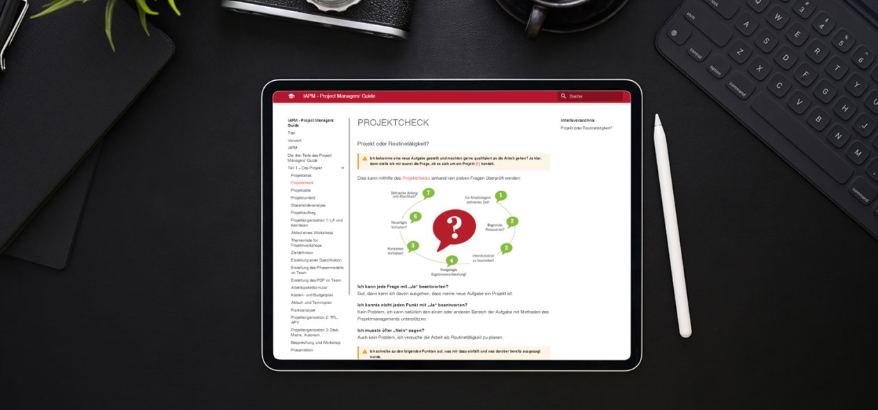 The Project Managers' Guide (IAPM) webpage displayed on a tablet. 