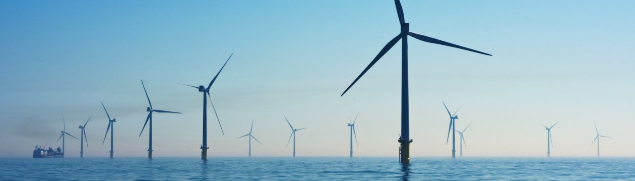 Mehrere weiße Windkraftanlagen stehen im Meer.