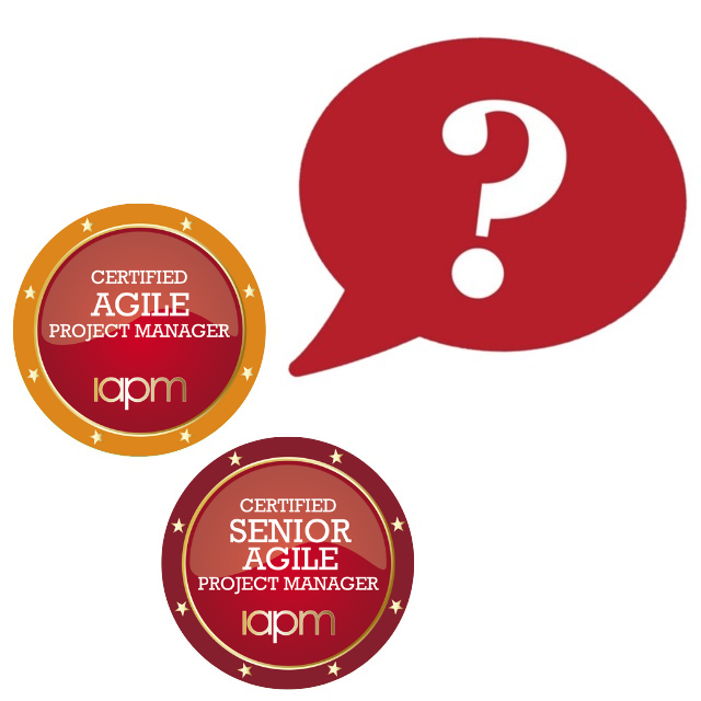 Die Badges des “Certified Agile Project Manager (IAPM)”  und “Certified Senior Agile Project Manager (IAPM)” mit einer Fragezeichenblase.