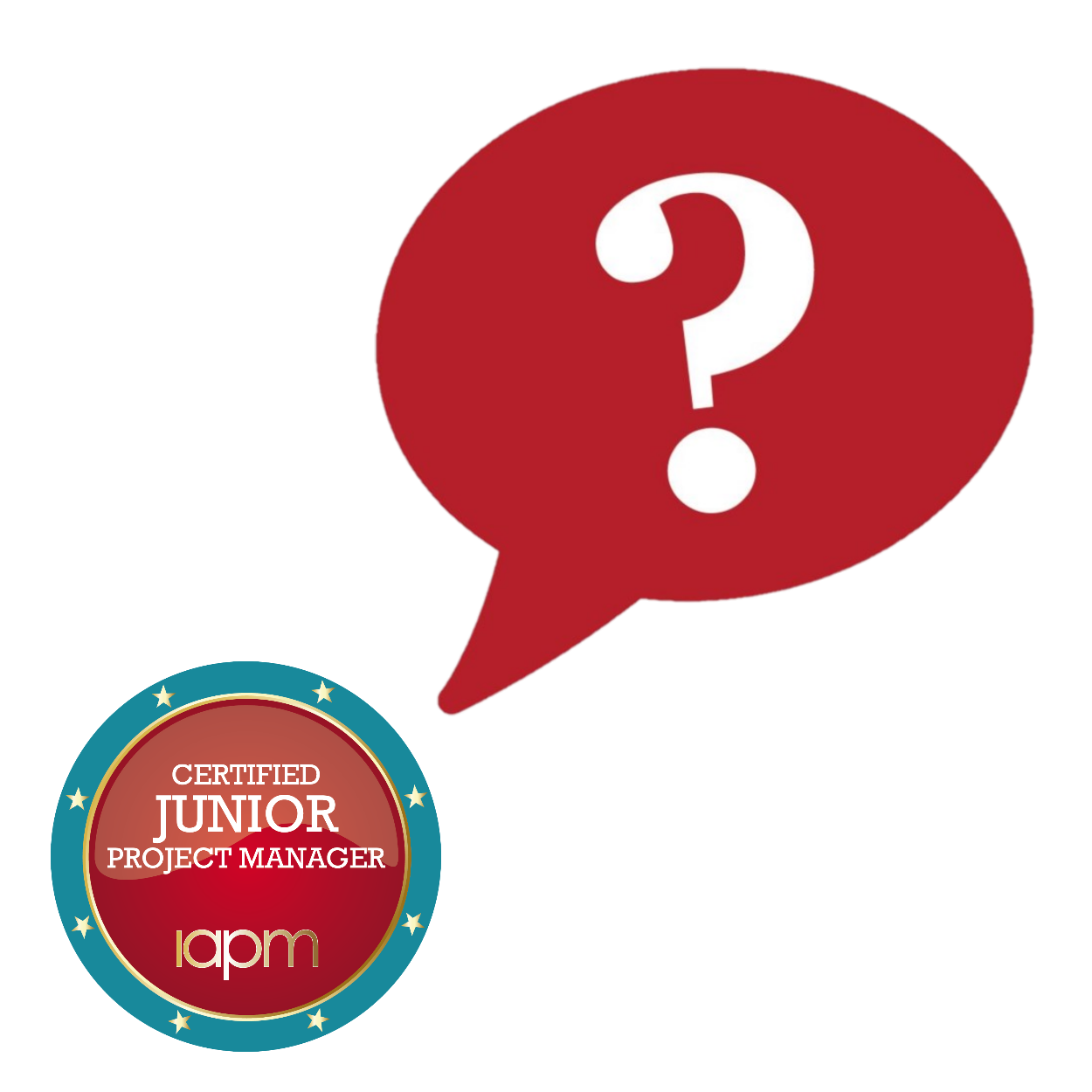 The badge of the 'Certified Junior Project Manager (IAPM)' with a question mark bubble.
