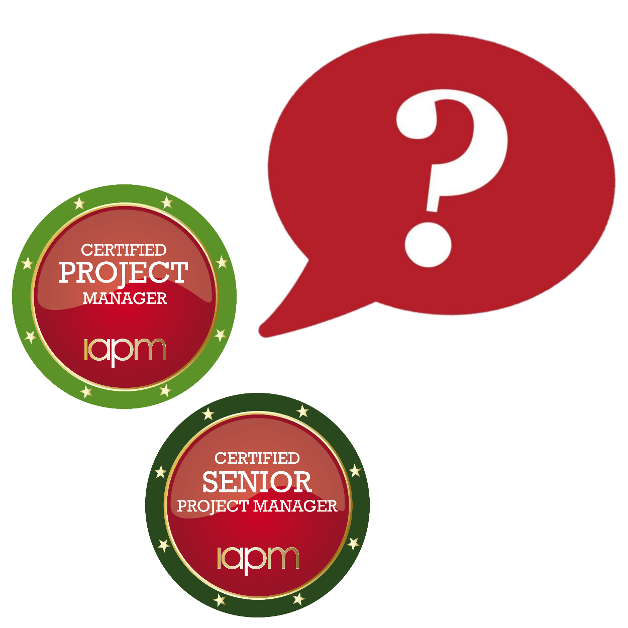 The badge of the 'Certified Project Manager (IAPM)' and 'Certified Senior Project Manager (IAPM)' with a question mark bubble.