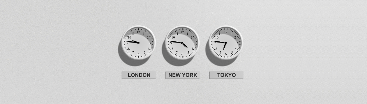 Drei Wanduhren zeigen die Zeiten in London, New York und Tokio. Drei Wanduhren zeigen die Zeiten in London, New York und Tokio.